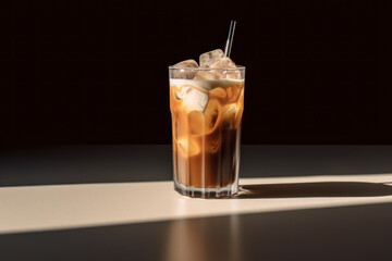 Cappuccino coffee or iced coffee with milk in a tall glass with straw on the table.