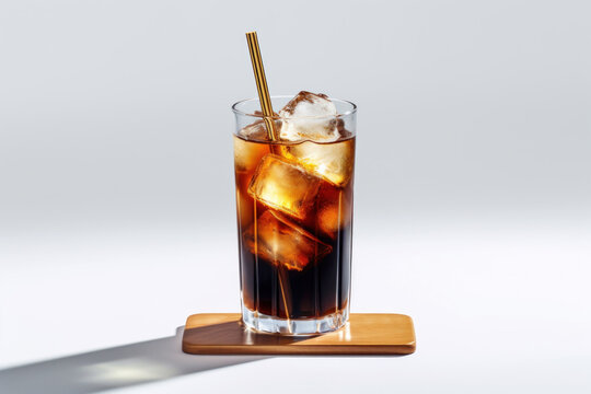 Americano coffee or iced coffee without milk in a tall glass with straw on the table.