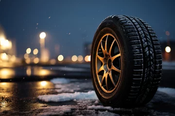 Fototapeten 1 brand new car tire A winter snowy street is displayed against the backdrop of a snow-covered winter city street. © เลิศลักษณ์ ทิพชัย