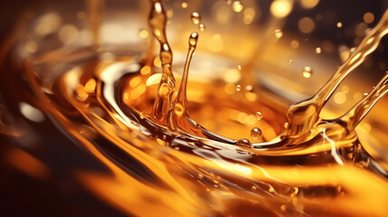 Golden yellow oil or automobile engine oil pouring out or oil splash on black background.