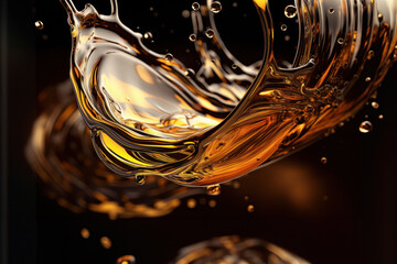 Close-up shot of golden oil or car engine oil flowing or oil splash on black background. - obrazy, fototapety, plakaty