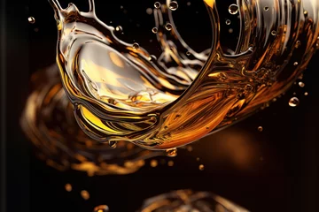 Fotobehang Close-up shot of golden oil or car engine oil flowing or oil splash on black background. © เลิศลักษณ์ ทิพชัย