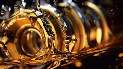 Close-up shot of golden oil or car engine oil flowing or oil splash on black background.