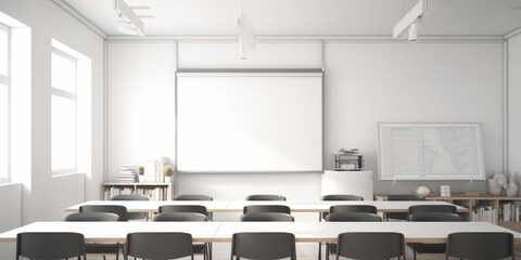 frontal view empty clean classroom with white board. - obrazy, fototapety, plakaty