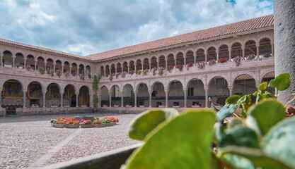Spanish Colonial cloister courtyard, Inca temple of the sun Qorikancha, Cusco, Peru, South America - obrazy, fototapety, plakaty