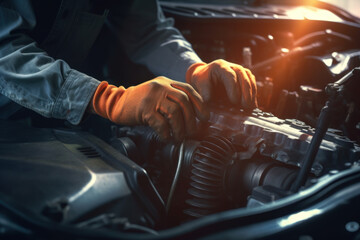 A technician or auto mechanic works in a car repair shop. Car maintenance service Checking the engine system and electrical system inside the car.