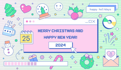 Y2K New Year's Sale Banner. Retro 90s PC Interface with Groovy 70s Colors and Christmas Elements. Vintage Cartoon Cute Christmas Tree, Snowman, and Fireworks Display on Computer Screen. 