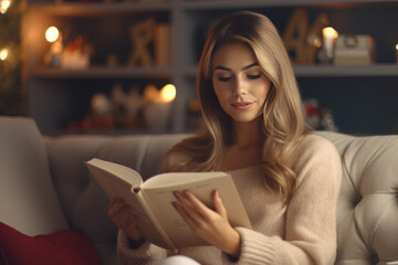 Woman reads a book on the sofa in the living room of her home on Christmas night.