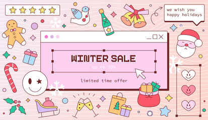 Y2K Winter Sale Banner. Groovy 60s and 70s Retro PC Screen Design. Vintage Cartoon Santa Claus, Festive Ornament, Gifts, Jingle Bells. Perfect for New Year Announcements, Greetings, Party Invitations.
