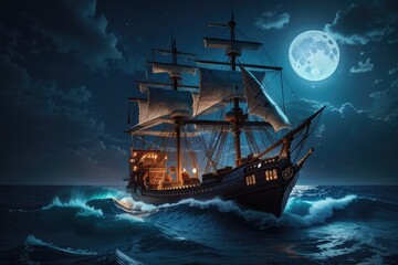 Obraz premium pirate ship in a storm in the ocean at night