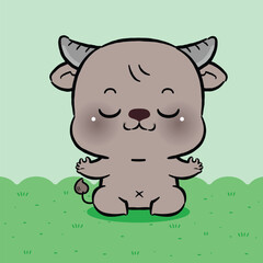 Cute Carabao Cartoon in yoga pose, Cartoon Chibi style