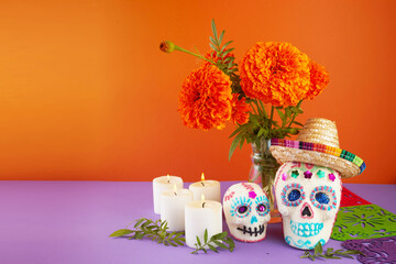 Day of the dead. Dia De Los Muertos celebration background. Sugar Skull, marigolds or cempasuchil flowers.