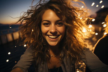 A teenage girl is celebrating a party with her friends with colorful lights at night and a teenage girl is having fun with her friends.