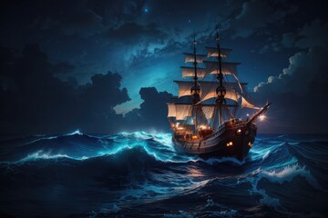 pirate ship in a storm in the ocean at night