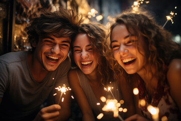 Obraz na płótnie Canvas Portrait of a group of teenage friends A teenage girl is celebrating a party with her friends with colorful lights at night and a young woman and young man are having fun with their friends.
