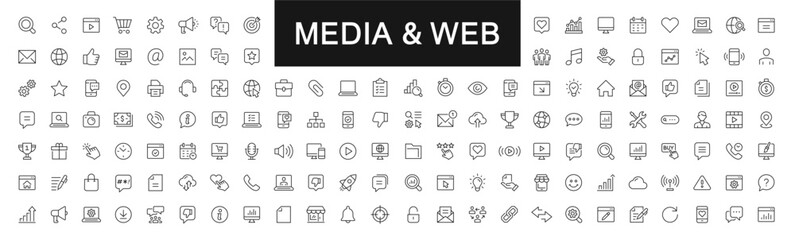Media & Web thin line icons set. Web editable stroke icon. Network, Marketing, Social media, Website, Phone, Message, Device symbol. Vector - 653789613