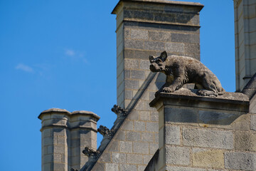 Carved stone heraldic beast on roof of Royal Dwellings, Fortress of Chinon, Chinon, Indre-et-Loire,...