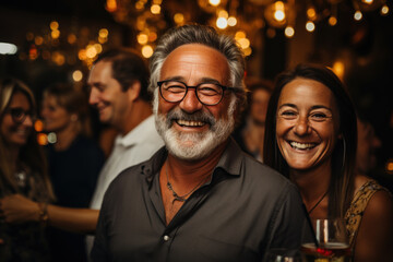 Portrait of a senior couple Healthy elderly women and men Celebrating a party with friends with colorful lights at night.