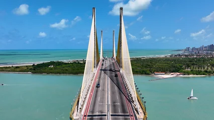 Tuinposter Brazilië Panoramic view of Cable Viaduct bridge at Natal capital city of Rio Grande do Norte. Brazil Northeastern. Downtown aerial cityscape Cable Viaduct bridge. Natal Rio Grande do Norte. Natal Brazil. 