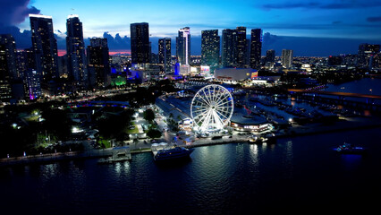 Naklejka premium Miami Florida USA. Aerial sunset landscape of downtown district of Miami Florida USA. Sunset Miami Florida. Sunset Miami Skyline. Vacation travel. Cityscape landscape.