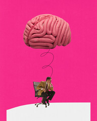 Poster. Banner. Contemporary art collage. Creative artwork. Man with huge play dough brain sitting...