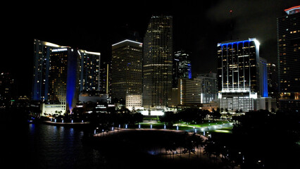Night cityscape Miami Florida United States. Night aerial landscape of stunning buildings and traffic at landmark avenue. Night scape Miami Florida. Night city Miami United States. 