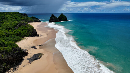 Seascape volcano mountains and beach at archipelago of Fernando de Noronha Brazil. Tropical volcano...