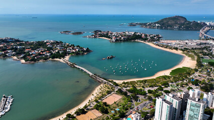 Aerial cityscape of downtown Vitoria state of Espirito Santo Brazil. Bulldings and avenues landmark of city of Vitoria Espirito Santo. Brazilian coast town capital city. Downtown district.