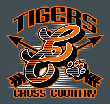 tigers cross country team design with crossed arrows for school, college or league sports
