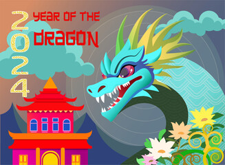 New Year Dragon 2024, Vector image dragon on the mountain background, Chinese house. Illustration for design of banners, calendars and postcards.