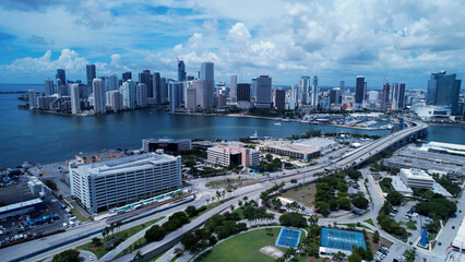 Naklejka na ściany i meble Cityscape Miami Florida United States. Aerial landscape of stunning buildings and traffic at landmark avenue. Miami Florida. Miami United States. Travel destinations. Vacations travel.