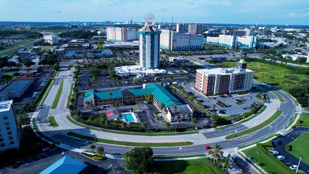 Orlando Florida. Orlando United States. Panorama aerial landscape of landmark outlets shops near expressway road. Travel destinations. Vacations Travel. Orlando Florida. Orlando United States.
