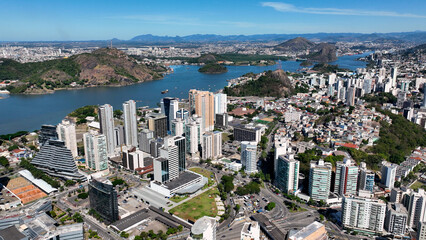 Fototapeta premium Aerial cityscape of downtown Vitoria state of Espirito Santo Brazil. Bulldings and avenues landmark of city of Vitoria Espirito Santo. Brazilian coast town capital city. Downtown district.