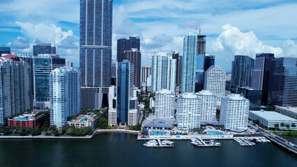 Cityscape Miami Florida United States. Aerial landscape of stunning buildings and traffic at...