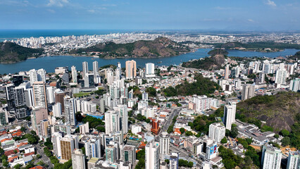 Aerial cityscape of downtown Vitoria state of Espirito Santo Brazil. Bulldings and avenues landmark of city of Vitoria Espirito Santo. Brazilian coast town capital city. Downtown district.