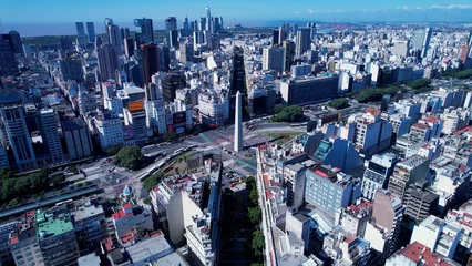 Selbstklebende Fototapeten Palermo Obelisk Square Cityscape of Buenos Aires Argentina. Panorama landscape of touristic landmark downtown capital Argentina. Touristic landmark. Outdoor downtown city. Urban scenery of Buenos Aires city.  © bydronevideos