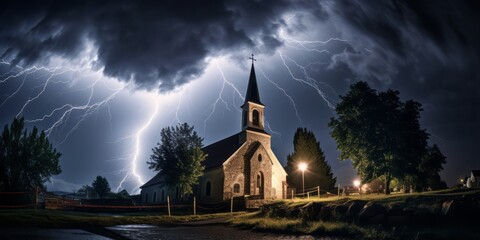 A Lightning Strike Hits a Church, Seen as a Sign of Gods Anger and a Powerful Natural Phenomenon with Deep Religious Significance - obrazy, fototapety, plakaty