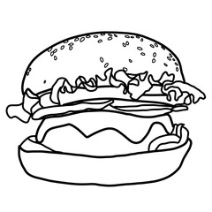 Line drawing Meat Burger with cheese, Front view. illustration Vector outline floating Hamburger cheese. Vector illustration black line isolated on white background.