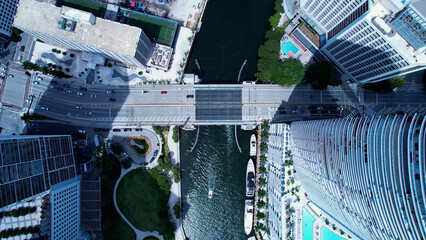 Cityscape Miami Florida United States. Aerial landscape of stunning buildings and traffic at...