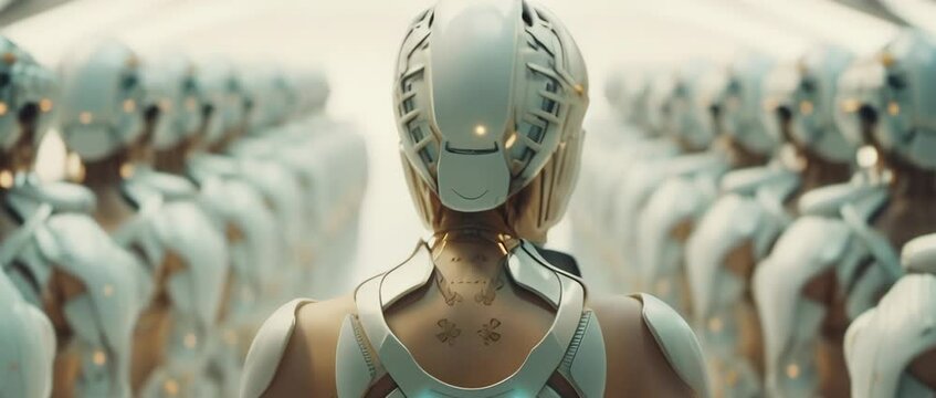 From behind close up shot of female wearing helmet and futuristic outfit standing in front of rows of clones solders. High quality 4K