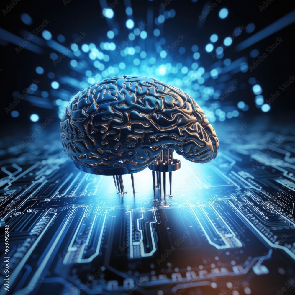 Poster artificial intelligence concept. computer circuit board with the human brain. abstract futuristic sc