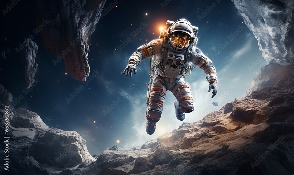 Wall mural astronaut exploring extraterrestrial planets or moon, ai generative