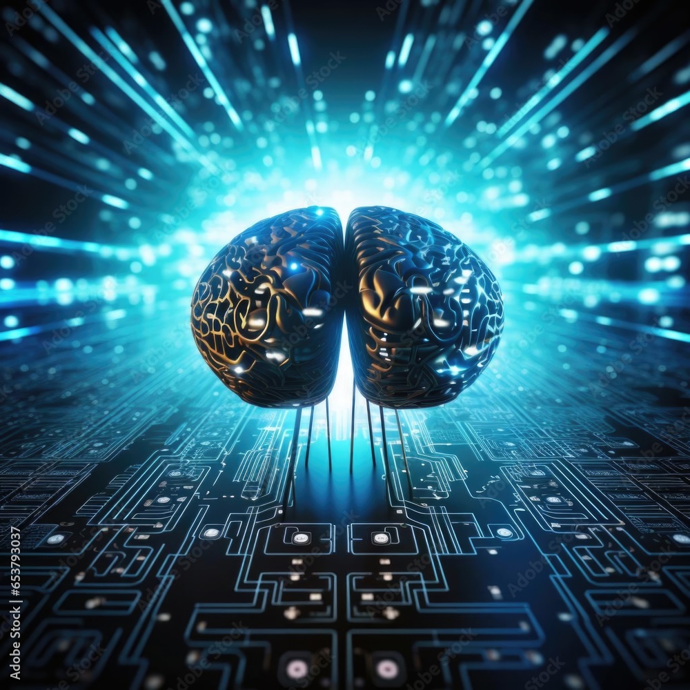 Poster abstract circuit board with brain. modern design concept on the theme of artificial intelligence.