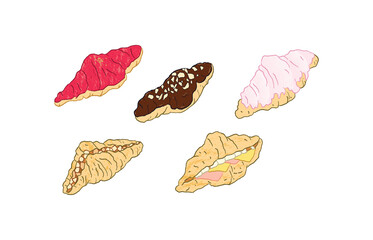5 flavours of croissants: strawberry, chocolate with almond, sugar, apples, eggs, ham, and cheese