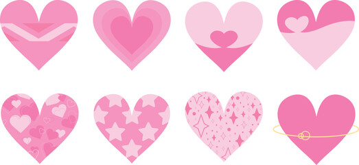 Pink heart icon set with various patterns. Stars, hearts and geometric ornaments. Decoration elements for greeting and love cards isolated on white background. Vector illustration