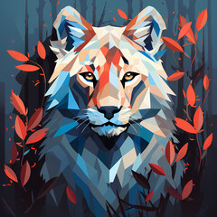 A majestic male lion illustration in low-poly style. A powerful predator hiding in the autumn foliage. A close-up portrait of a big feline