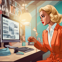 Young pretty woman working on a desktop computer in the office. Serious busy worker focused on a task. Retro style poster art