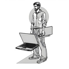 line art of a professional working on laptop standing white background no colors black and white 