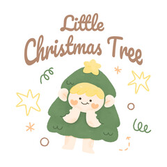 christmas vibes cute kawaii little boy happy xmas tree  illustration for t shirt design, stocker, logo, banner 