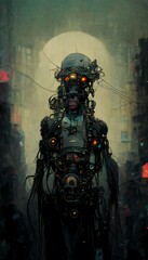 full page technocore of a cyberpunk robot Chimpanzee esoterism4 black steel and metal in steampunk style wires and pipes from head Renderman render cinematic hyper realistic rendered 8K old fine 